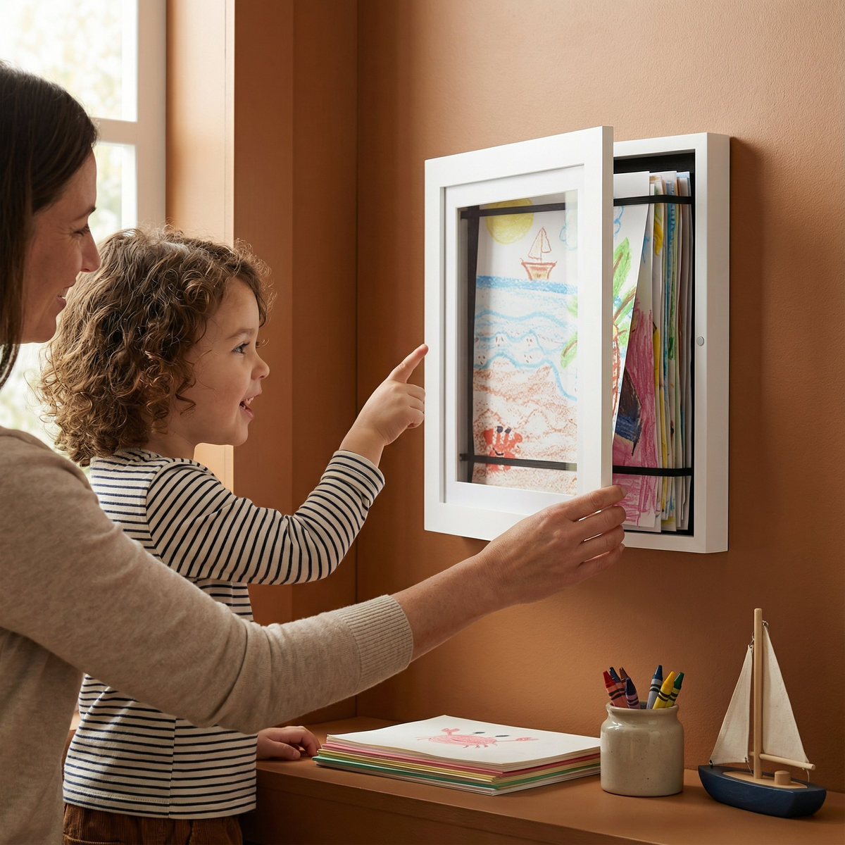 Kids Artwork Display Frame That Holds Up to 150 Drawings with Easy Flip Open Design