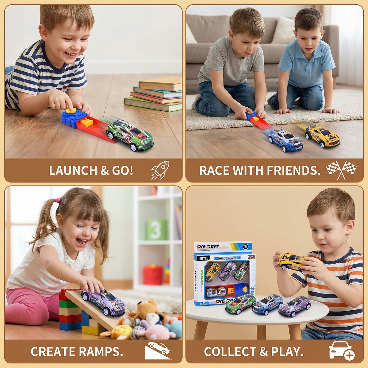Car Catapult Racing Set with 4 Die Cast Cars and Launcher for Head to Head Races