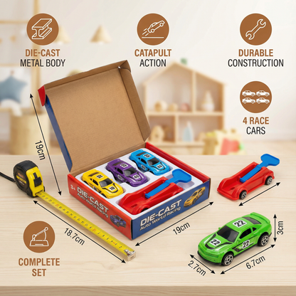 Car Catapult Racing Set with 4 Die Cast Cars and Launcher for Head to Head Races