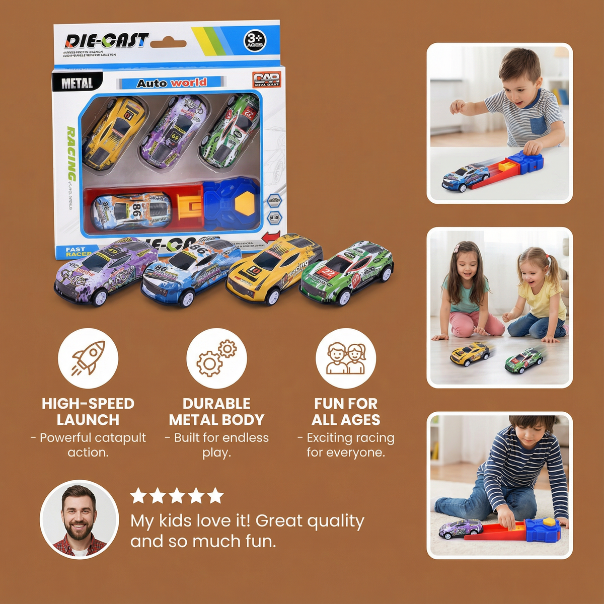 Car Catapult Racing Set with 4 Die Cast Cars and Launcher for Head to Head Races