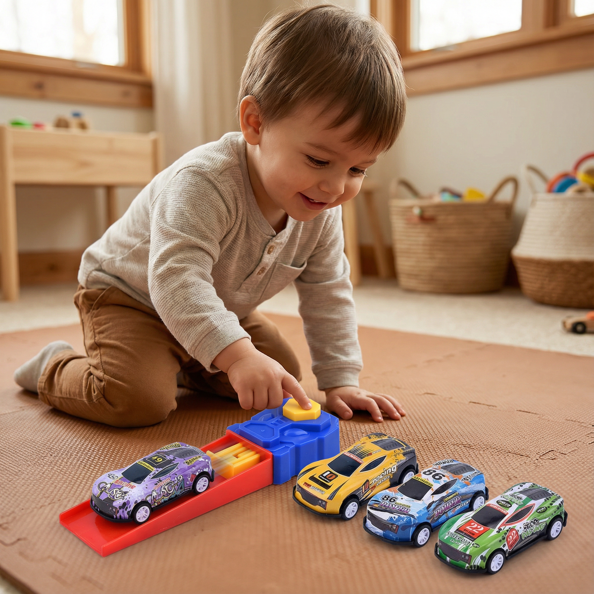 Car Catapult Racing Set with 4 Die Cast Cars and Launcher for Head to Head Races