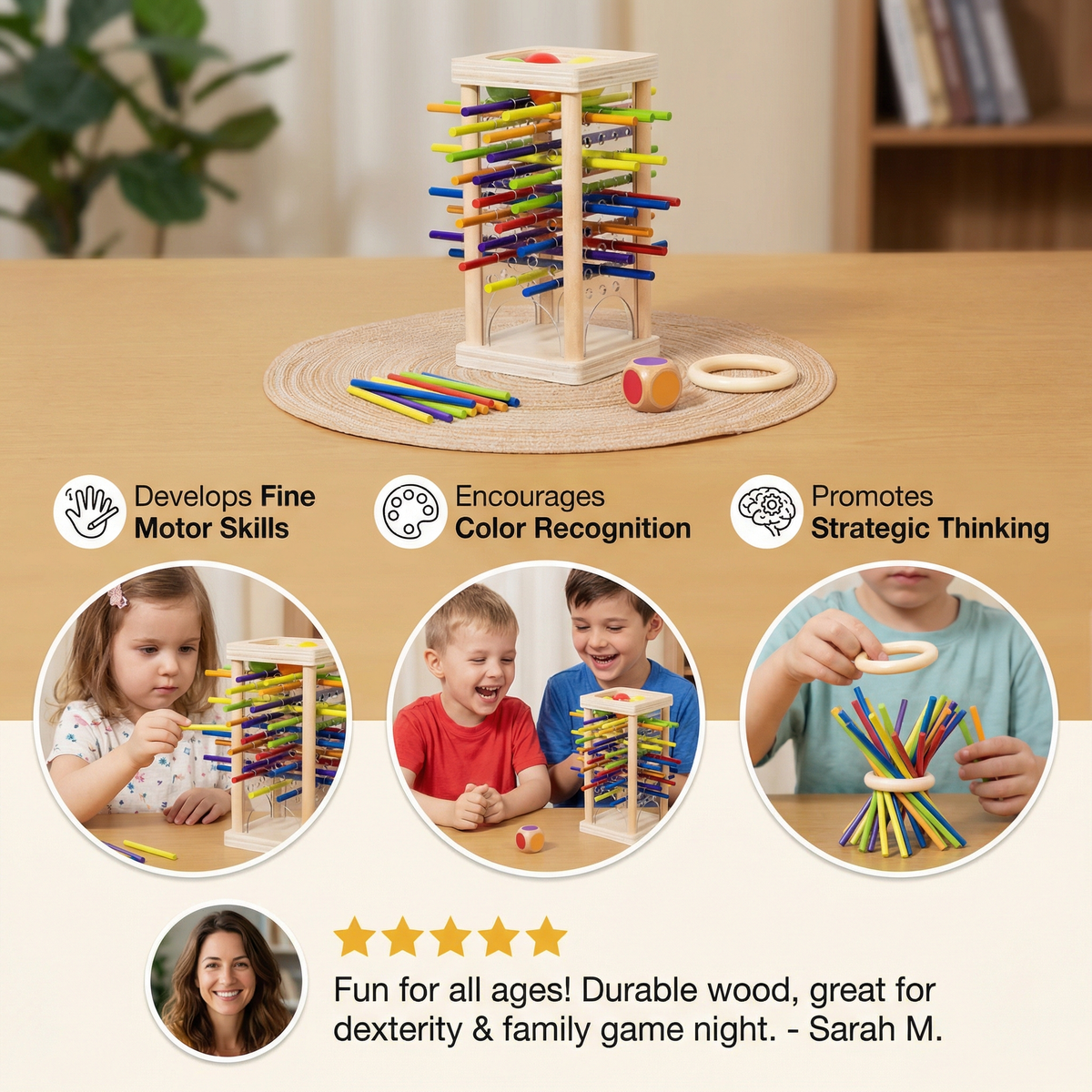 Wooden Ball and Stick Game with Three Play Modes for Color Matching and Steady Hands