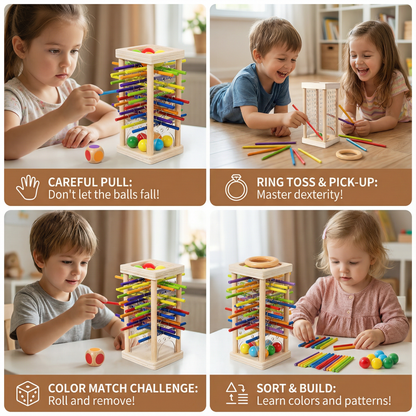 Wooden Ball and Stick Game with Three Play Modes for Color Matching and Steady Hands