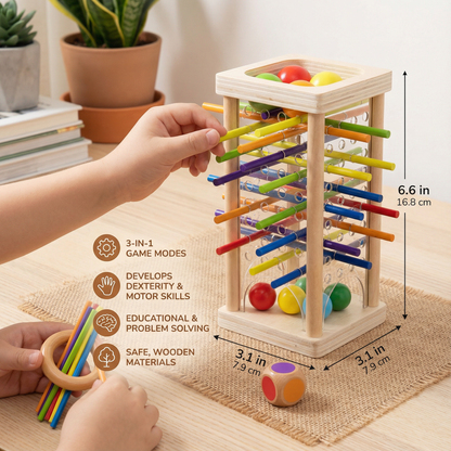 Wooden Ball and Stick Game with Three Play Modes for Color Matching and Steady Hands