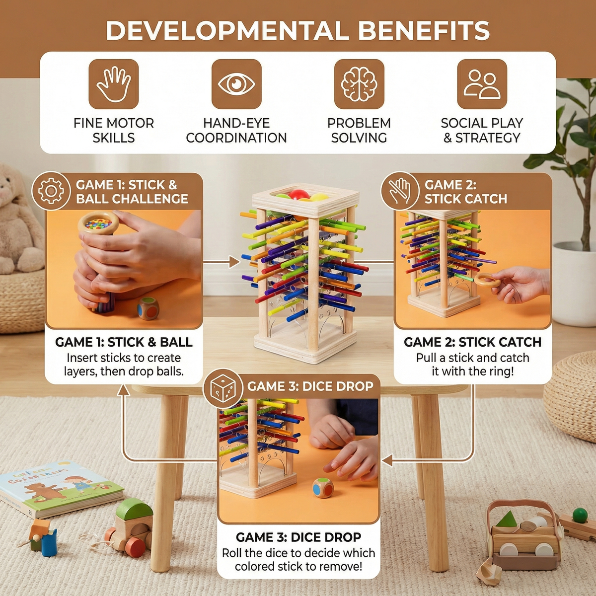 Wooden Ball and Stick Game with Three Play Modes for Color Matching and Steady Hands